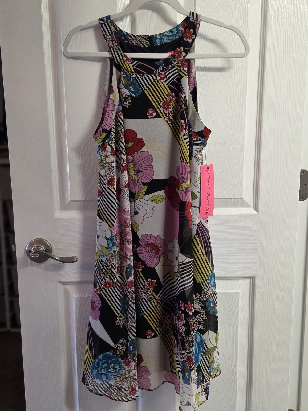 Betsey Johnson Black Floral Stripe Racerback Mini Dress with Pink Accents